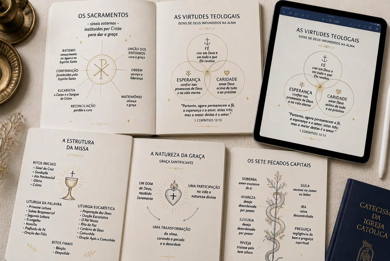Páginas internas do material com mapas mentais sobre sacramentos, virtudes e a estrutura da Missa